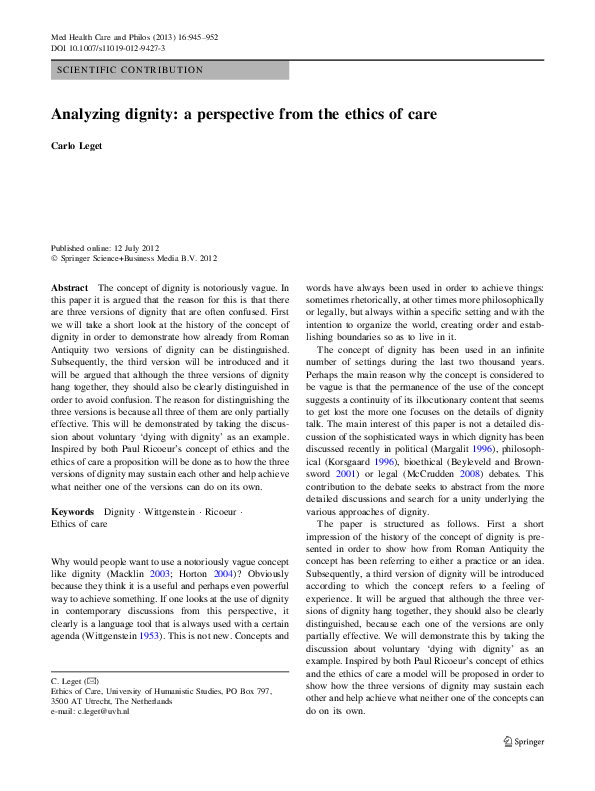 Pdf Analyzing Dignity A Perspective From The Ethics Of Care