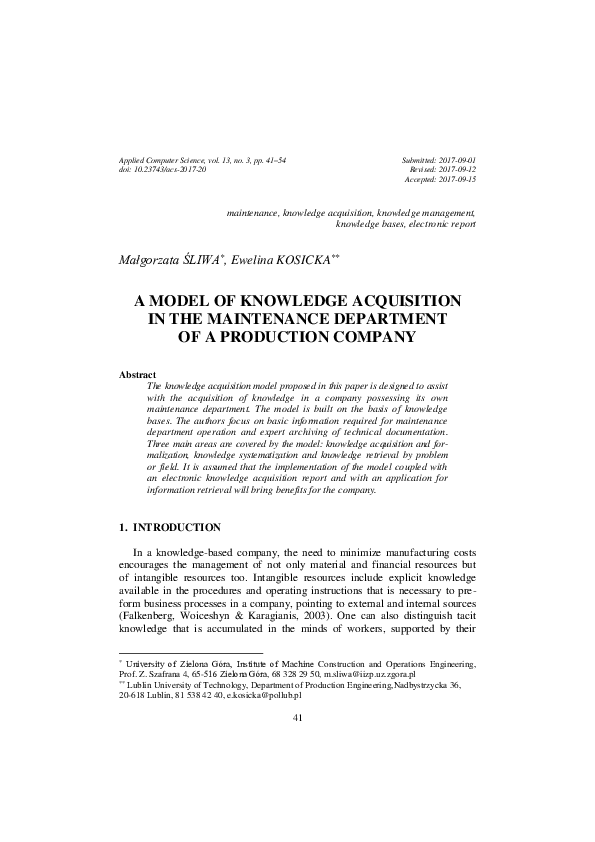 (PDF) A Model of Knowledge Acquisition in the Maintenance Department of ...