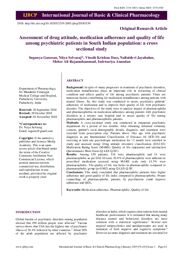 (PDF) Assessment of drug attitude, medication adherence and quality of ...