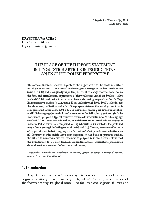 (PDF) The place of the purpose statement in linguistics article ...