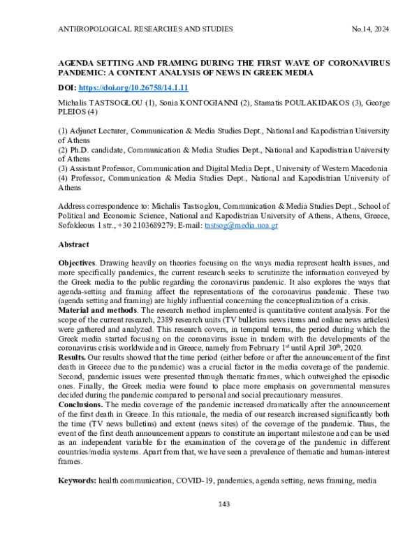(PDF) Agenda-setting and framing during the first wave of coronavirus ...