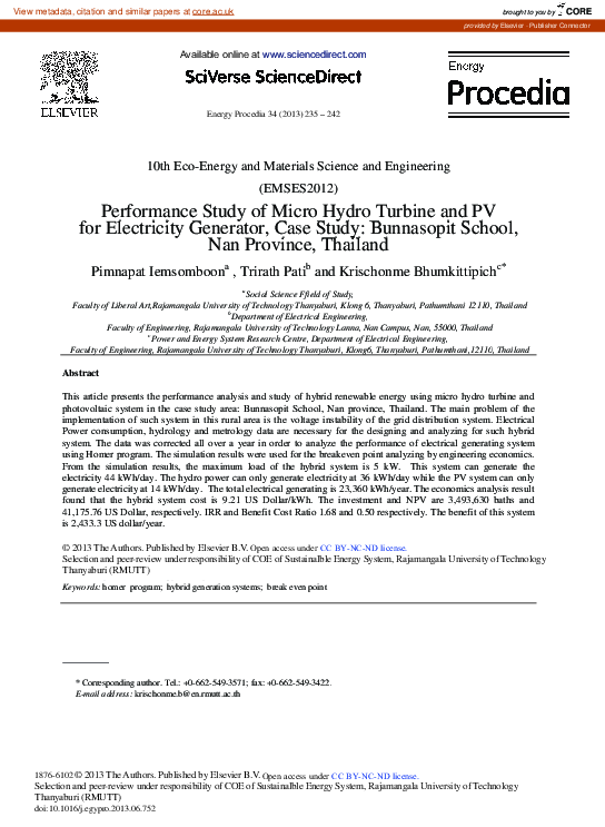 (PDF) Performance Study of Micro Hydro Turbine and PV for Electricity ...