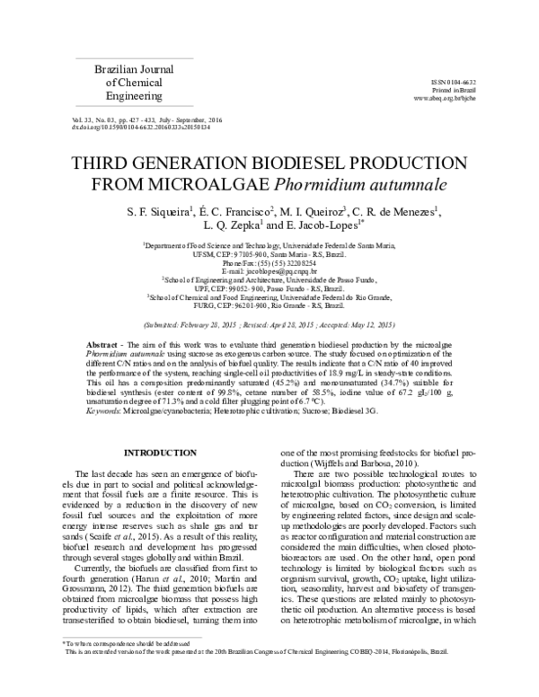 (PDF) THIRD GENERATION BIODIESEL PRODUCTION FROM MICROALGAE Phormidium ...