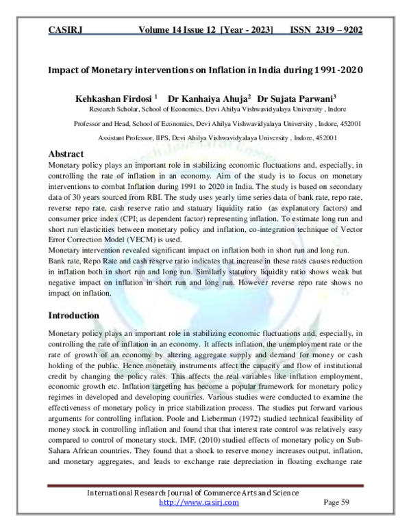 (PDF) Impact of Monetary interventions on Inflation in India during ...