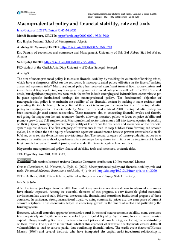 (PDF) Macroprudential policy and financial stability, role and tools