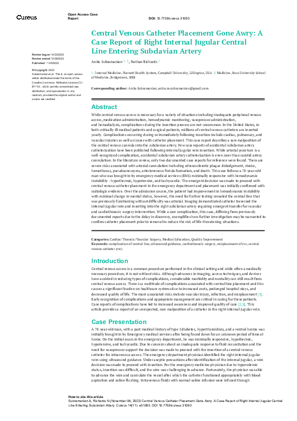 (PDF) Central Venous Catheter Placement Gone Awry: A Case Report of ...