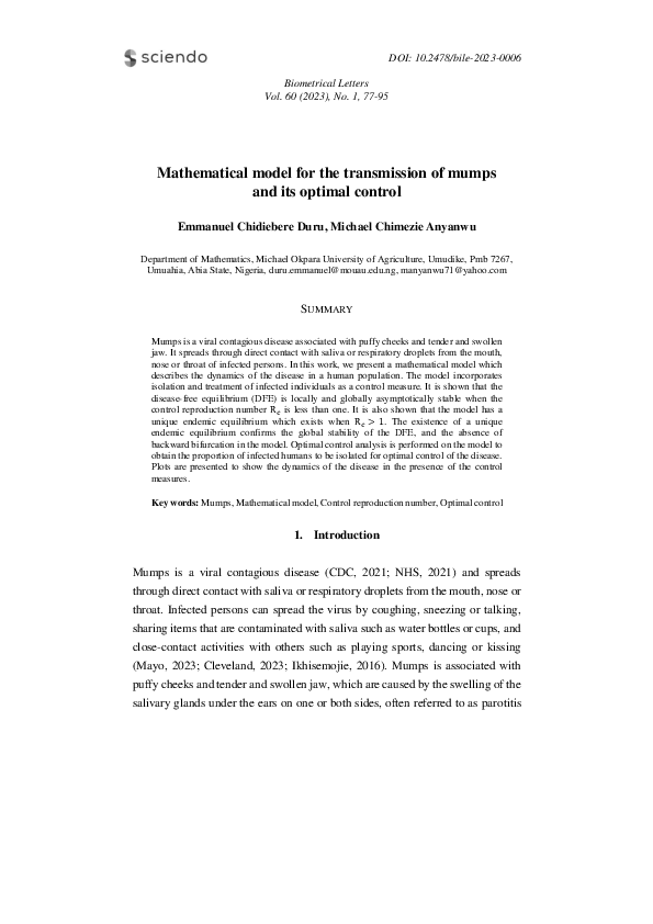 (PDF) Mathematical model for the transmission of mumps and its optimal ...
