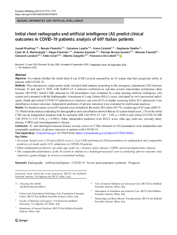 (PDF) Initial chest radiographs and artificial intelligence (AI ...