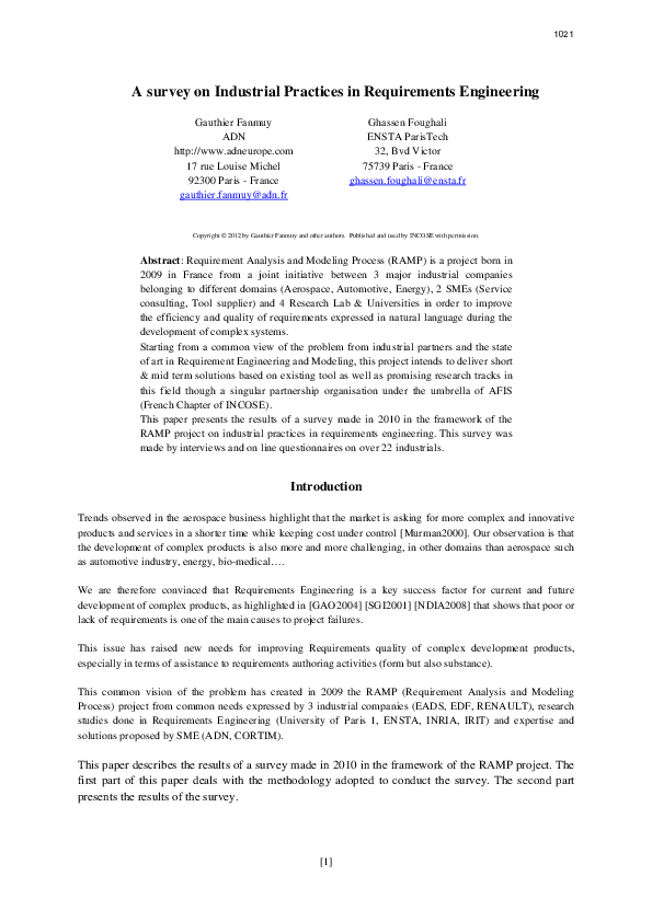 (PDF) 7.7.2 A survey on Industrial Practices in Requirements Engineering