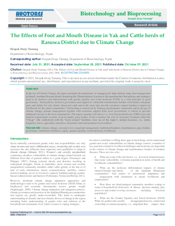 (PDF) The Effects of Foot and Mouth Disease in Yak and Cattle herds of ...