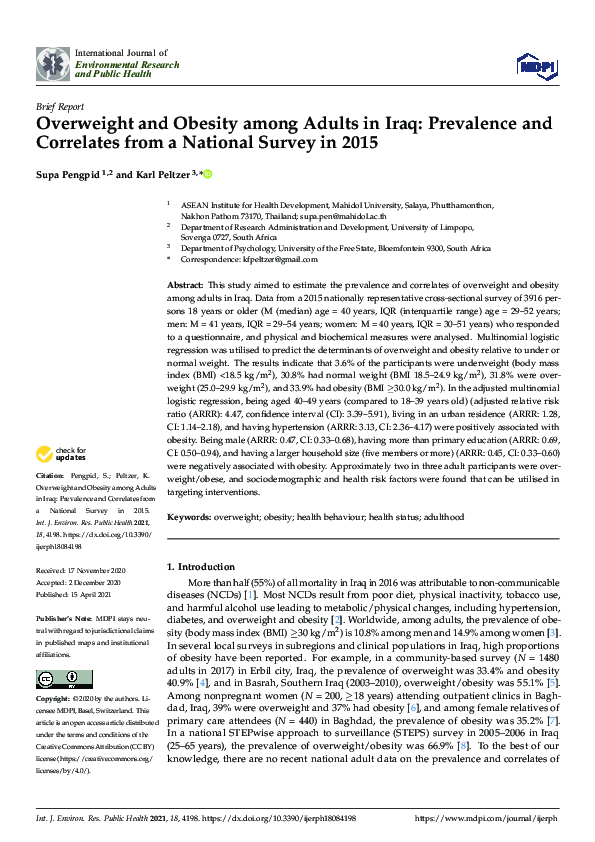 (PDF) Overweight and Obesity among Adults in Iraq: Prevalence and ...