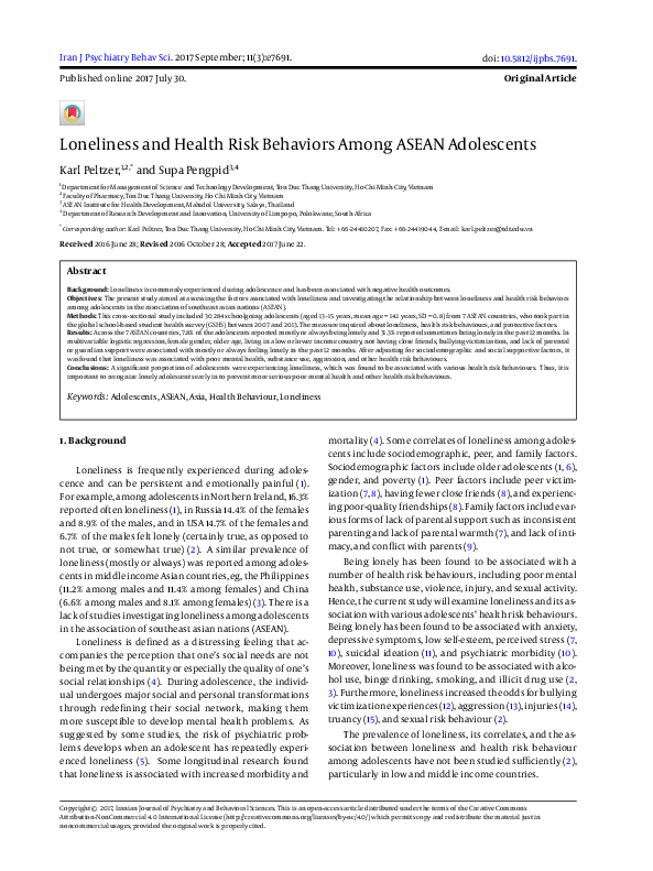 (PDF) Loneliness and Health Risk Behaviors Among ASEAN Adolescents