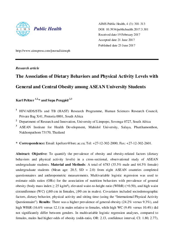 (PDF) The Association of Dietary Behaviors and Physical Activity Levels ...