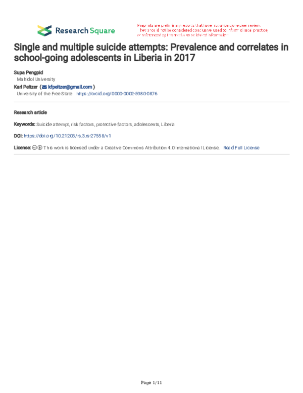 (PDF) Single and multiple suicide attempts: Prevalence and correlates ...