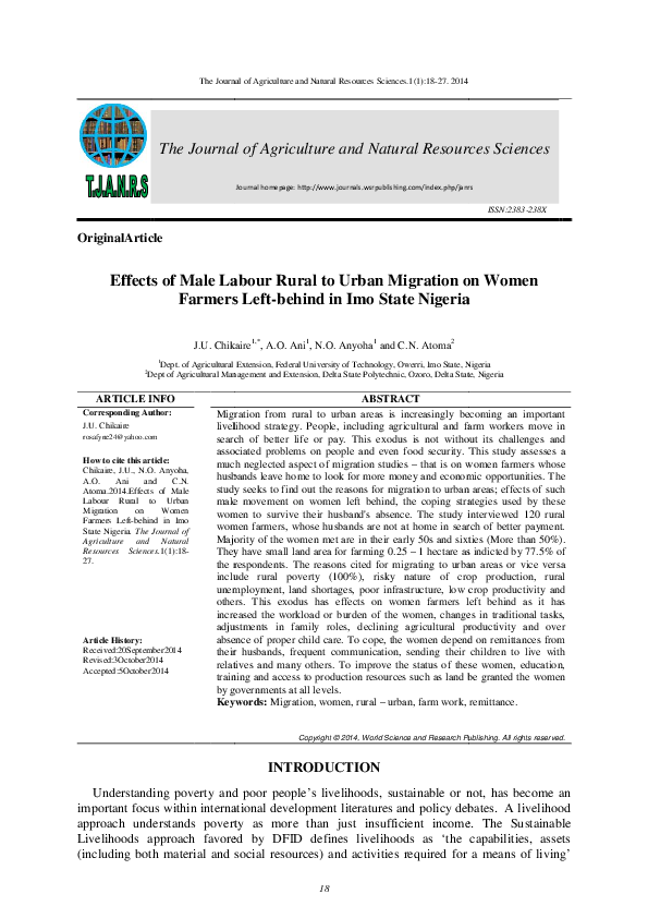 (PDF) Effects of Male Labour Rural to Urban Migration on Women Farmers ...