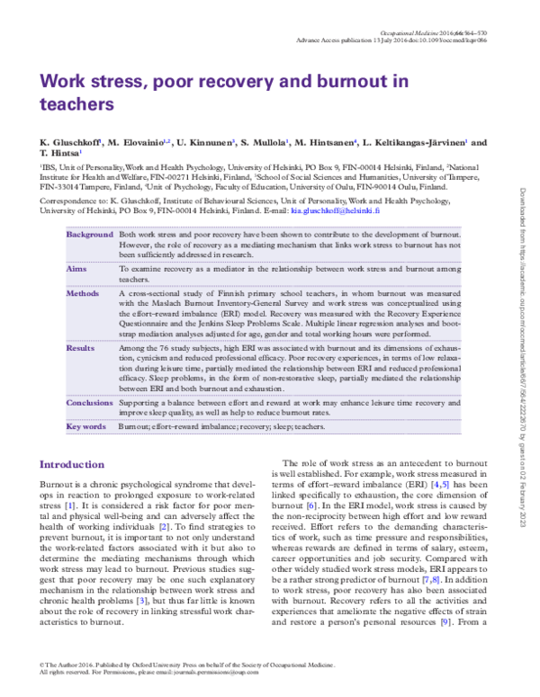 (PDF) Work stress, poor recovery and burnout in teachers