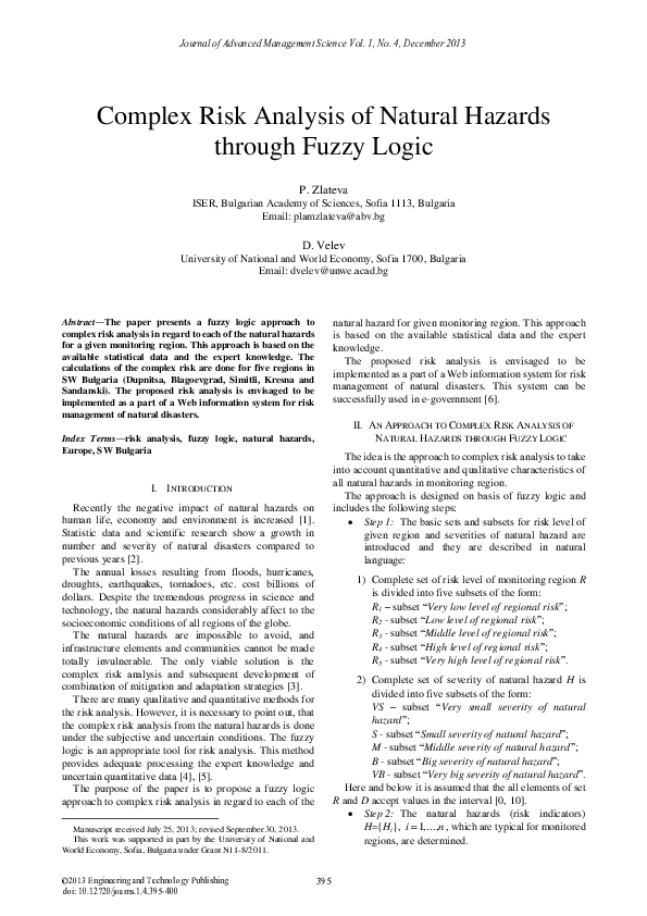 (PDF) Complex Risk Analysis of Natural Hazards through Fuzzy Logic