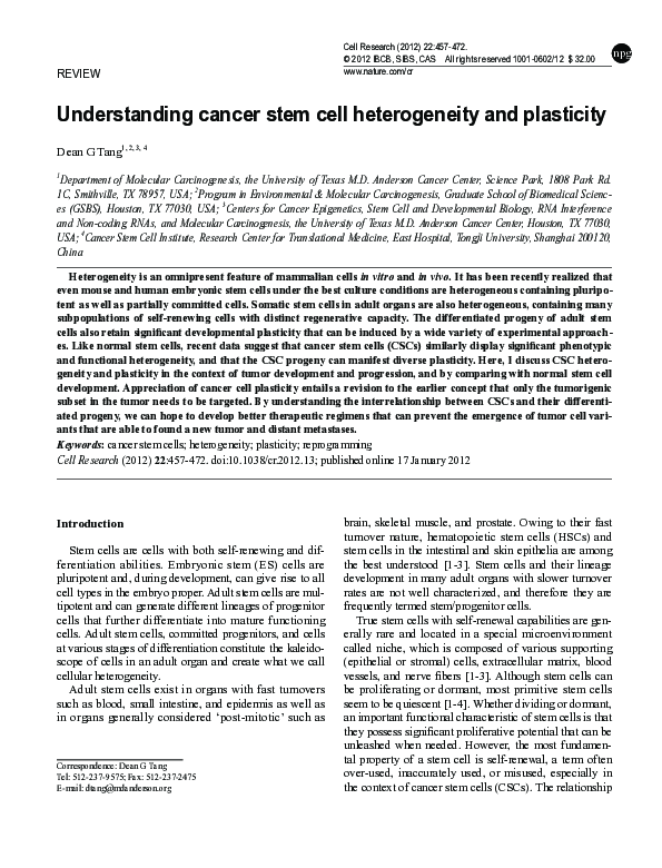 (PDF) Understanding cancer stem cell heterogeneity and plasticity