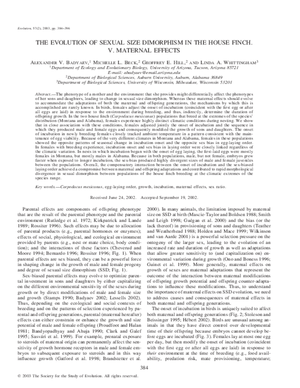 (PDF) The Evolution of Sexual Size Dimorphism in the House Finch. V ...