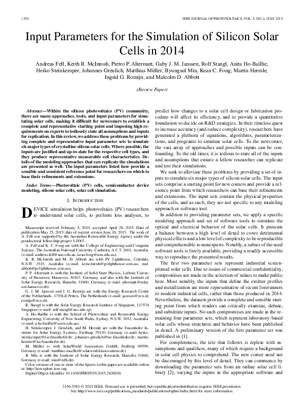 (PDF) Input Parameters for the Simulation of Silicon Solar Cells in 2014