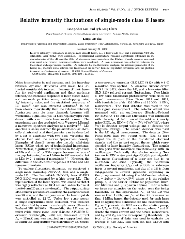 (PDF) Relative intensity fluctuations of single-mode class B lasers