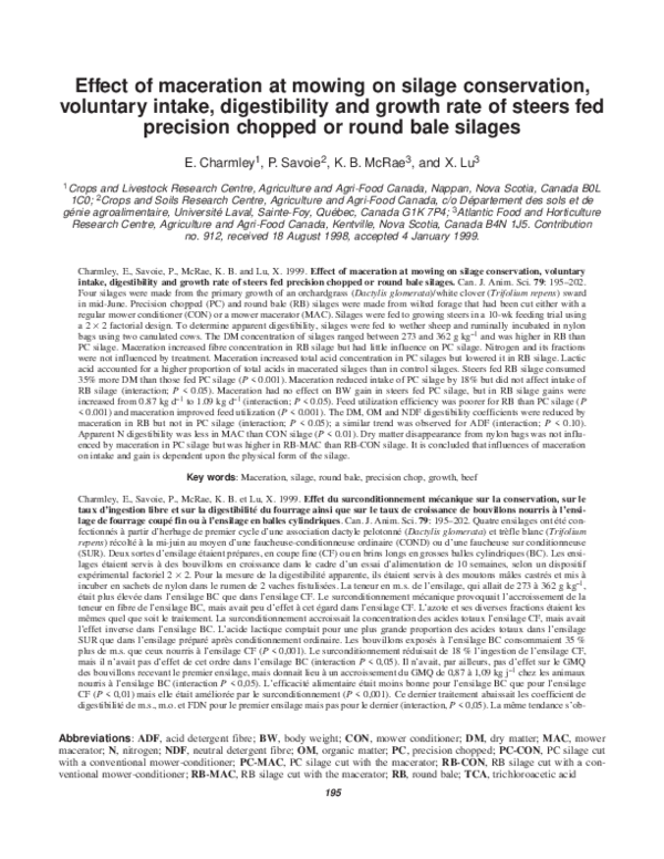 (PDF) Effect of maceration at mowing on silage conservation,voluntary ...