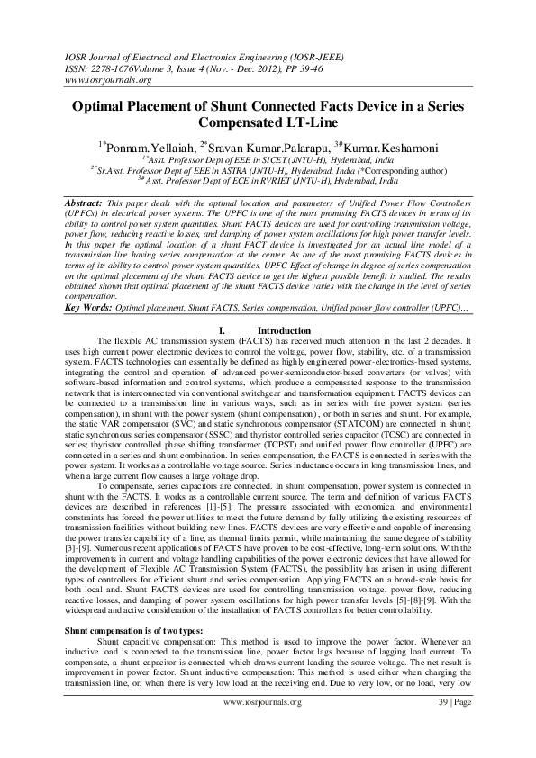 (PDF) Optimal Placement of Shunt Connected Facts Device in a Series ...