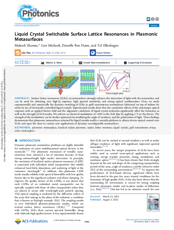 (PDF) Liquid Crystal Switchable Surface Lattice Resonances in Plasmonic ...