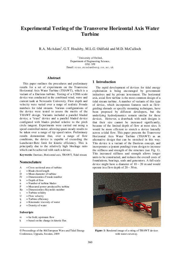 (PDF) Experimental testing of the transverse horizontal axis water turbine