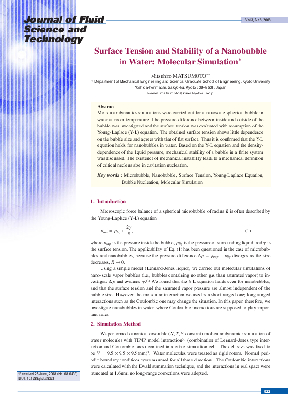 (PDF) Surface Tension and Stability of a Nanobubble in Water: Molecular ...