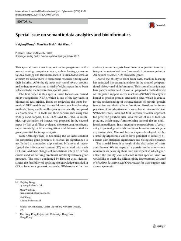 (PDF) Special issue on semantic data analytics and bioinformatics