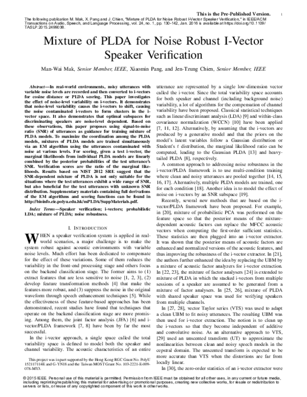 (PDF) Mixture of PLDA for Noise Robust I-Vector Speaker Verification