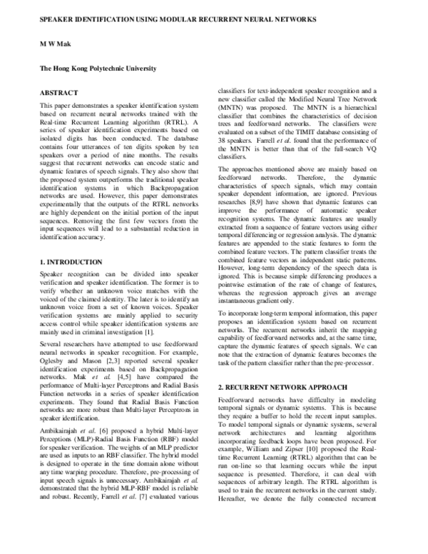 (PDF) Speaker identification using modular recurrent neural networks