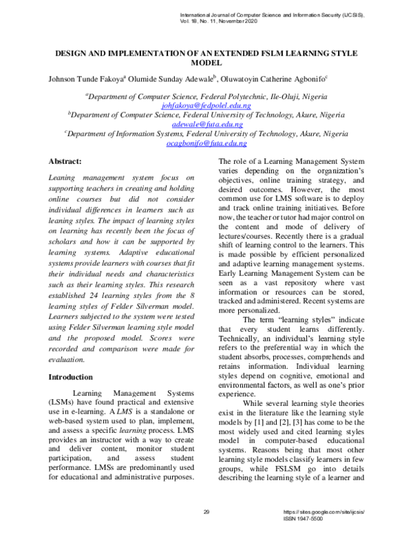 (PDF) Design and Implementation of an Extended FSLM Learning Style Model