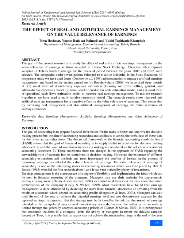(PDF) The Effect of Real and Artificial Earnings Management on the ...
