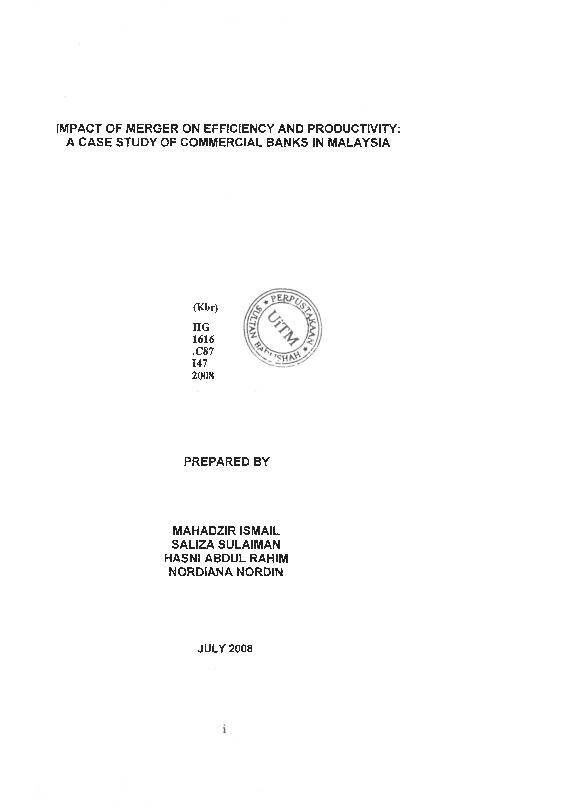 (PDF) Impact of merger on efficiency and productivity : a case study of ...