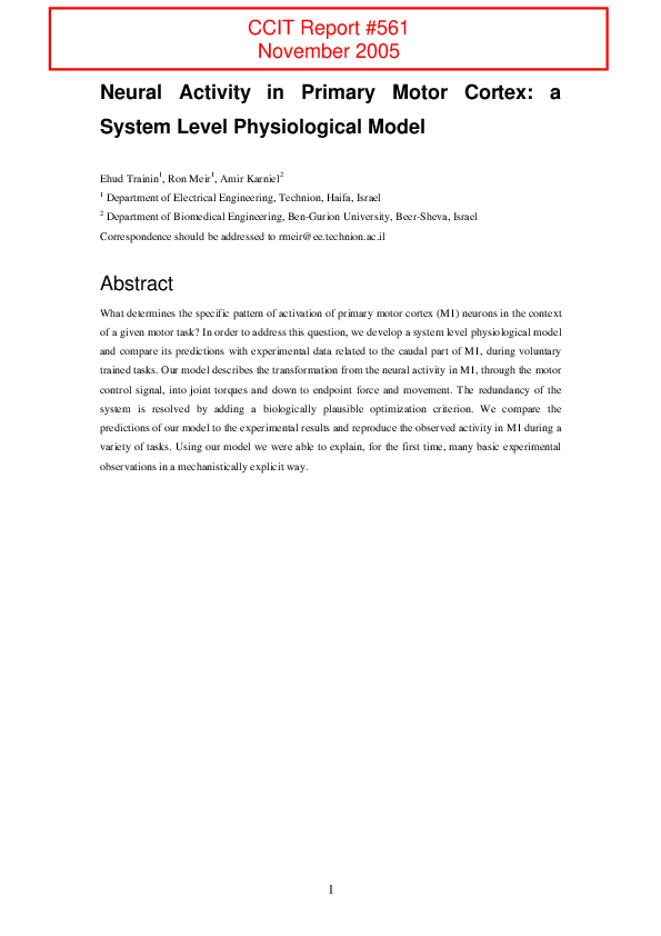 (PDF) Neural Activity in Primary Motor Cortex: a System Level ...