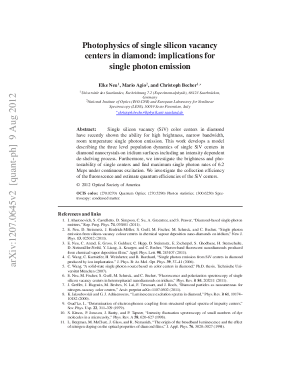 (PDF) Photophysics of single silicon vacancy centers in diamond ...