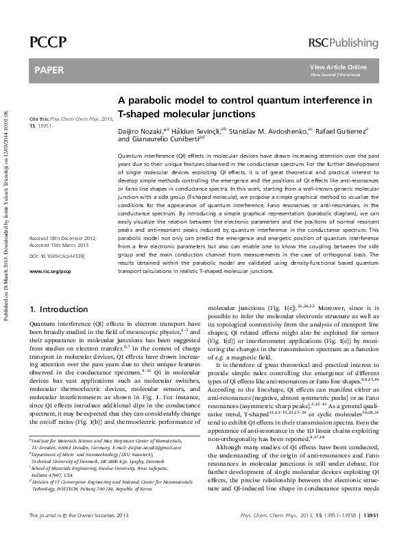 (PDF) A parabolic model to control quantum interference in T-shaped ...