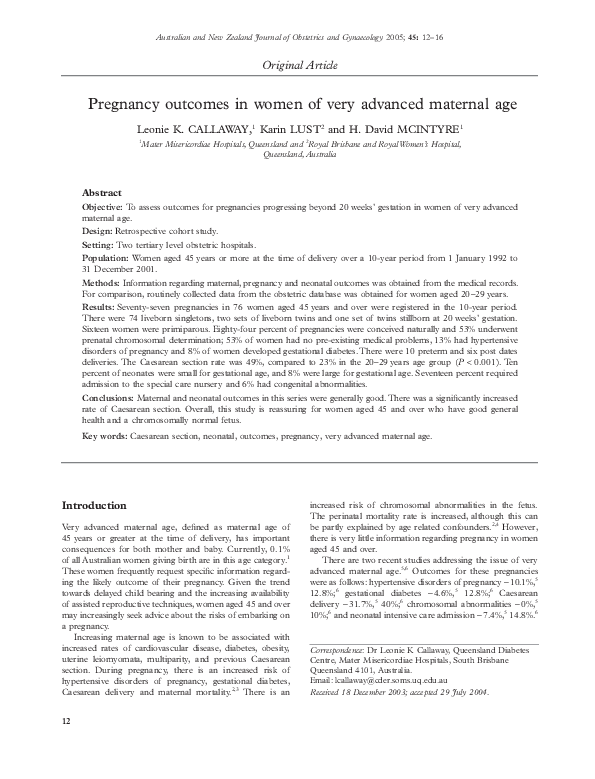 (PDF) Pregnancy outcomes in women of very advanced maternal age