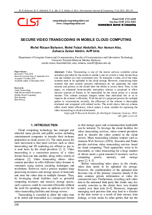 (PDF) Secure Video Transcoding in Mobile Cloud Computing