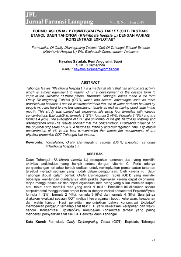(PDF) FORMULASI ORALLY DISINTEGRATING TABLET (ODT) EKSTRAK ETANOL DAUN ...