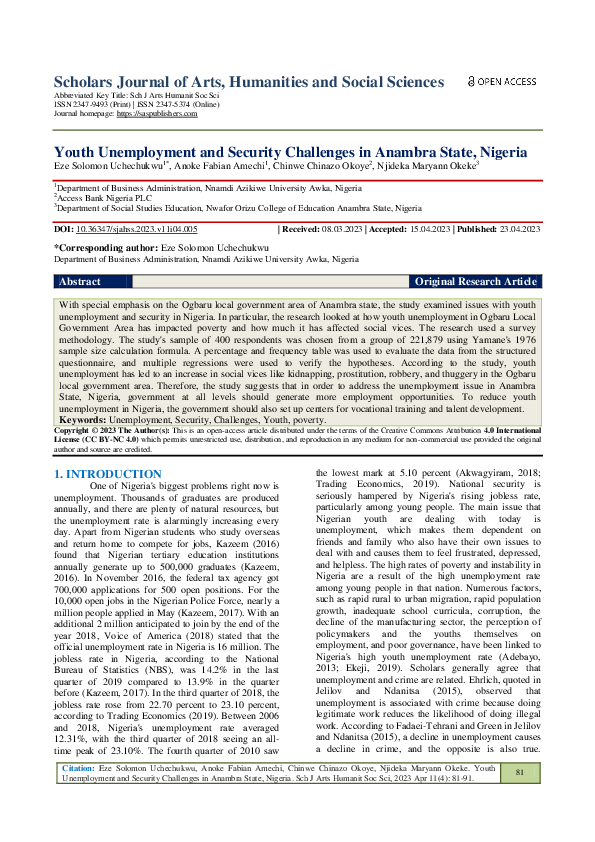 (PDF) Youth Unemployment and Security Challenges in Anambra State, Nigeria