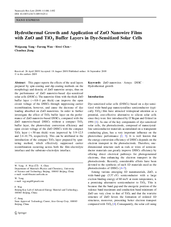 (PDF) Hydrothermal Growth and Application of ZnO Nanowire Films with ...