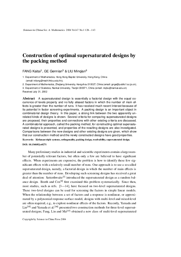 (PDF) Construction of optimal supersaturated designs by the packing method