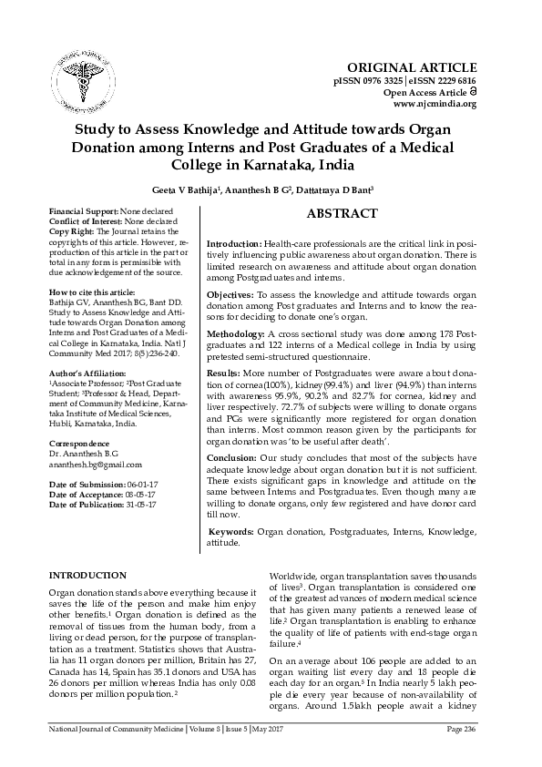 (PDF) Study to Assess Knowledge and Attitude towards Organ Donation ...