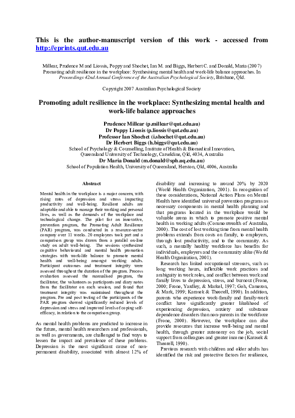 (PDF) Promoting adult resilience in the workplace: Synthesising mental ...