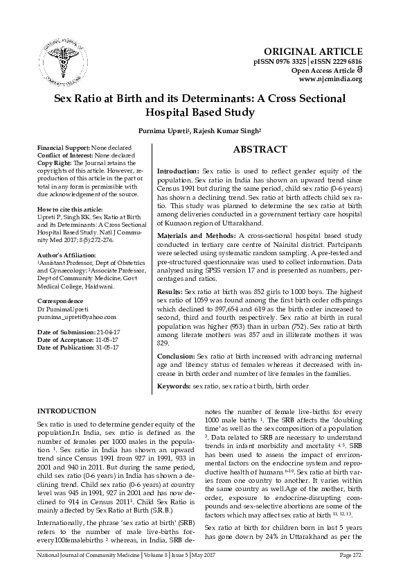 (PDF) Sex Ratio at Birth and its Determinants: A Cross Sectional ...