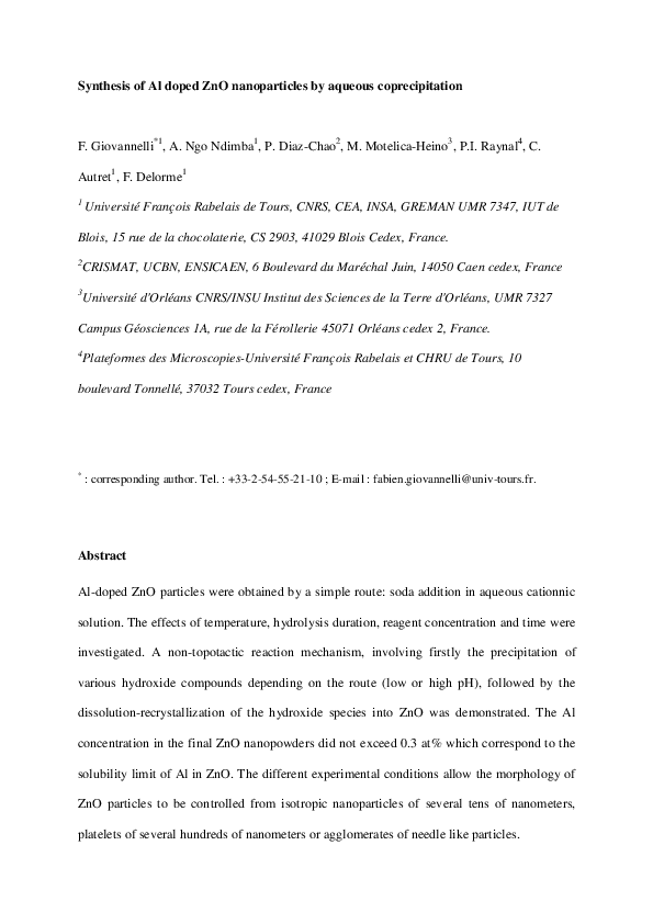 (PDF) Synthesis of Al doped ZnO nanoparticles by aqueous coprecipitation