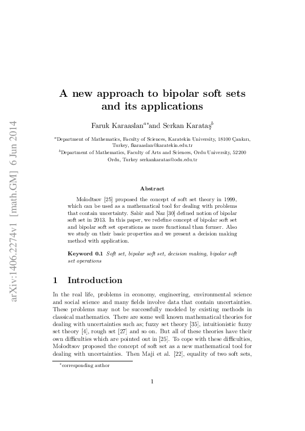 (PDF) A new approach to bipolar soft sets and its applications